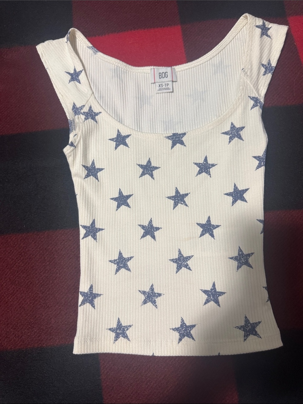 BDG Cream Ribbed Tank Top with Blue Star Print